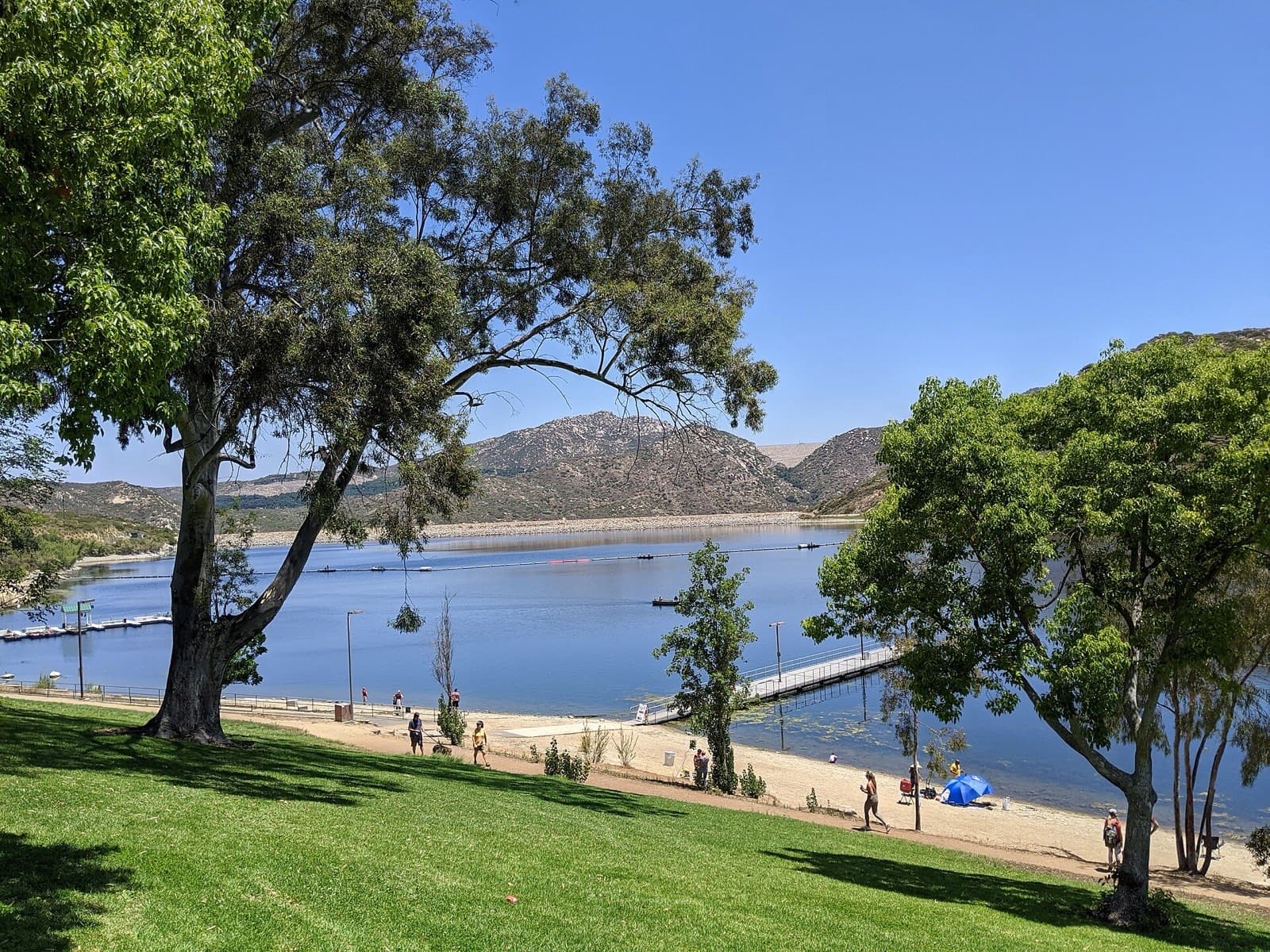 Shady lawn and eucalyptus trees above the Lake Poway shoreline, with a dock and hills across the water.
